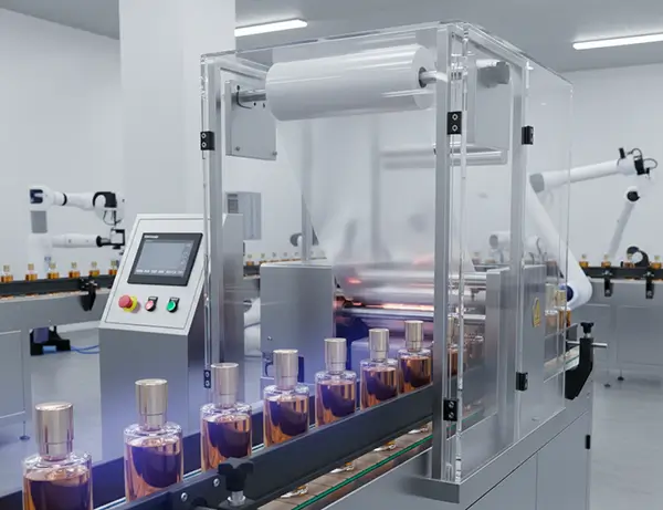 Shrink-wrapping machine applying heat-shrinkable film to cosmetic bottles on a production line