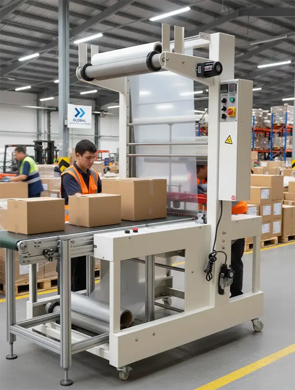 sleeve wrapper machine is wrapping the cartons in a logistics warehouse